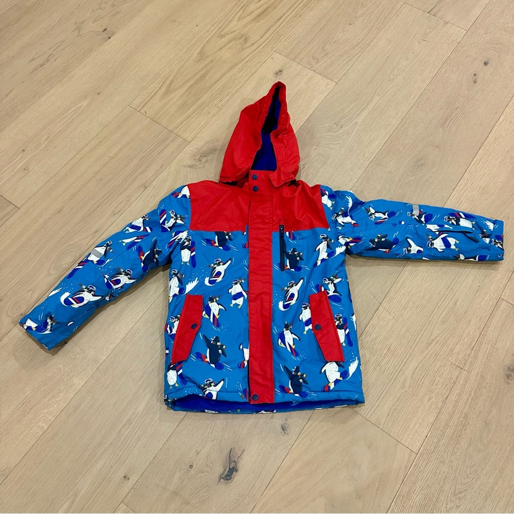 Mini Boden Blue and Red Penguin Print Ski jacket